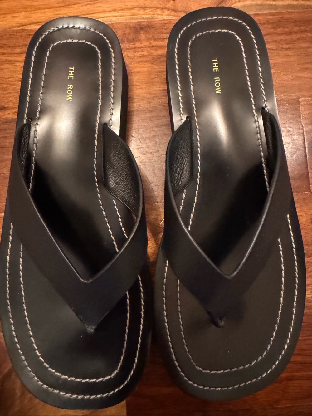 Square toe  Black Leather Thong Sandals 40